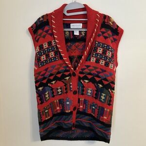 Vintage Artisan Wear Red Multicolor Knit Sweater Vest Small Women's Button Front